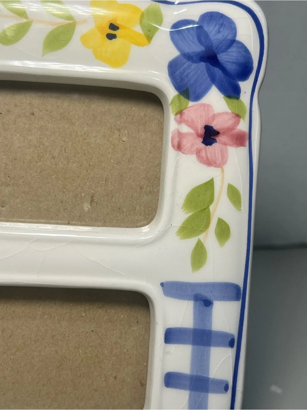 Ceramic Triple Photo Frame 8x6 Blue Plaid Floral Collage Cottage Decor